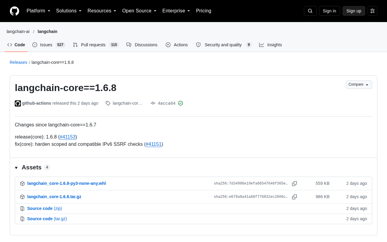 LangChain Core 1.6.8 发布:修复 IPv6 SSRF 安全漏洞