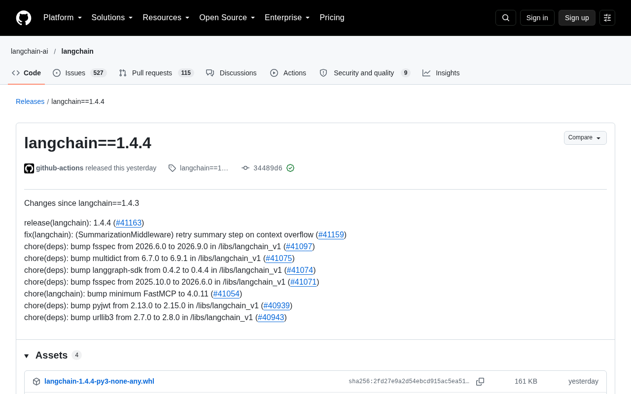 LangChain 1.4.4 发布:修复摘要中间件与多项依赖升级