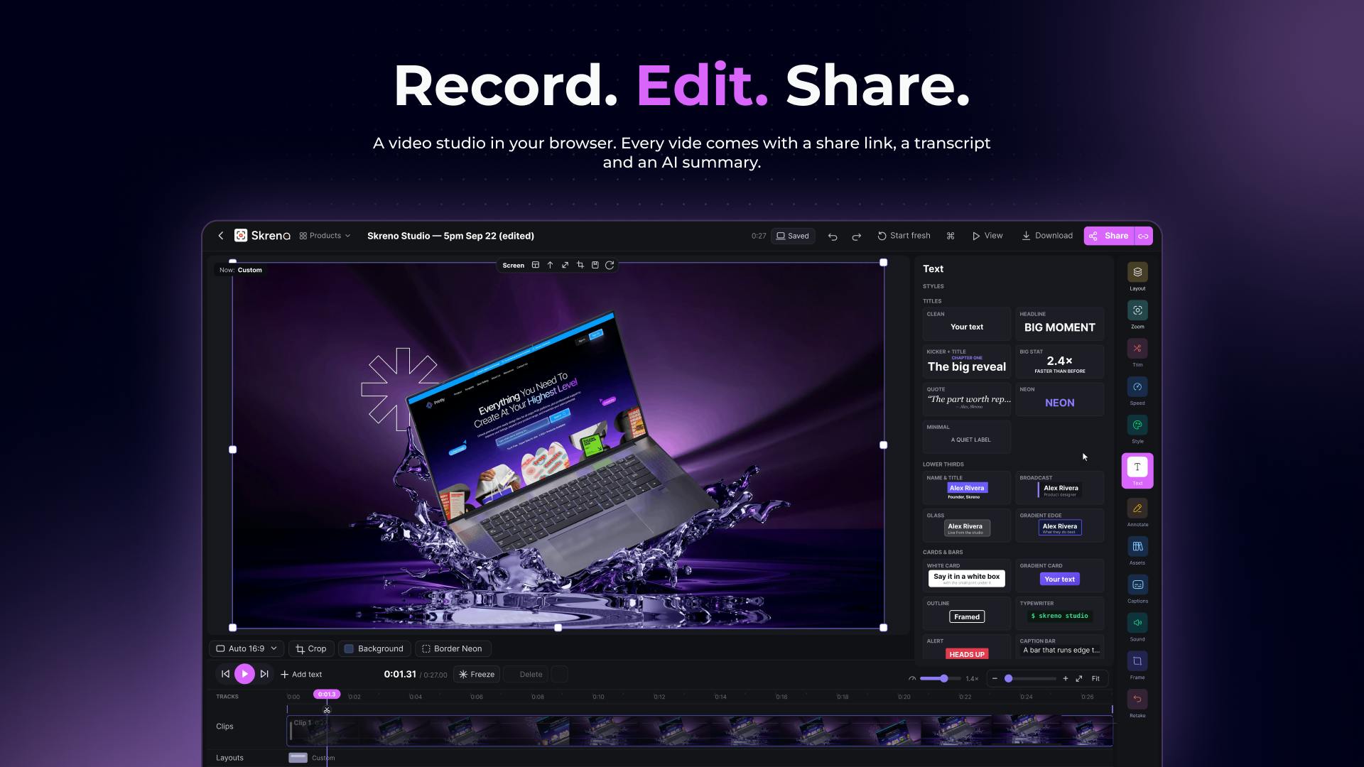 Skreno: An All-in-One Video Tool for Recording, Editing, and Sharing — All in Your Browser