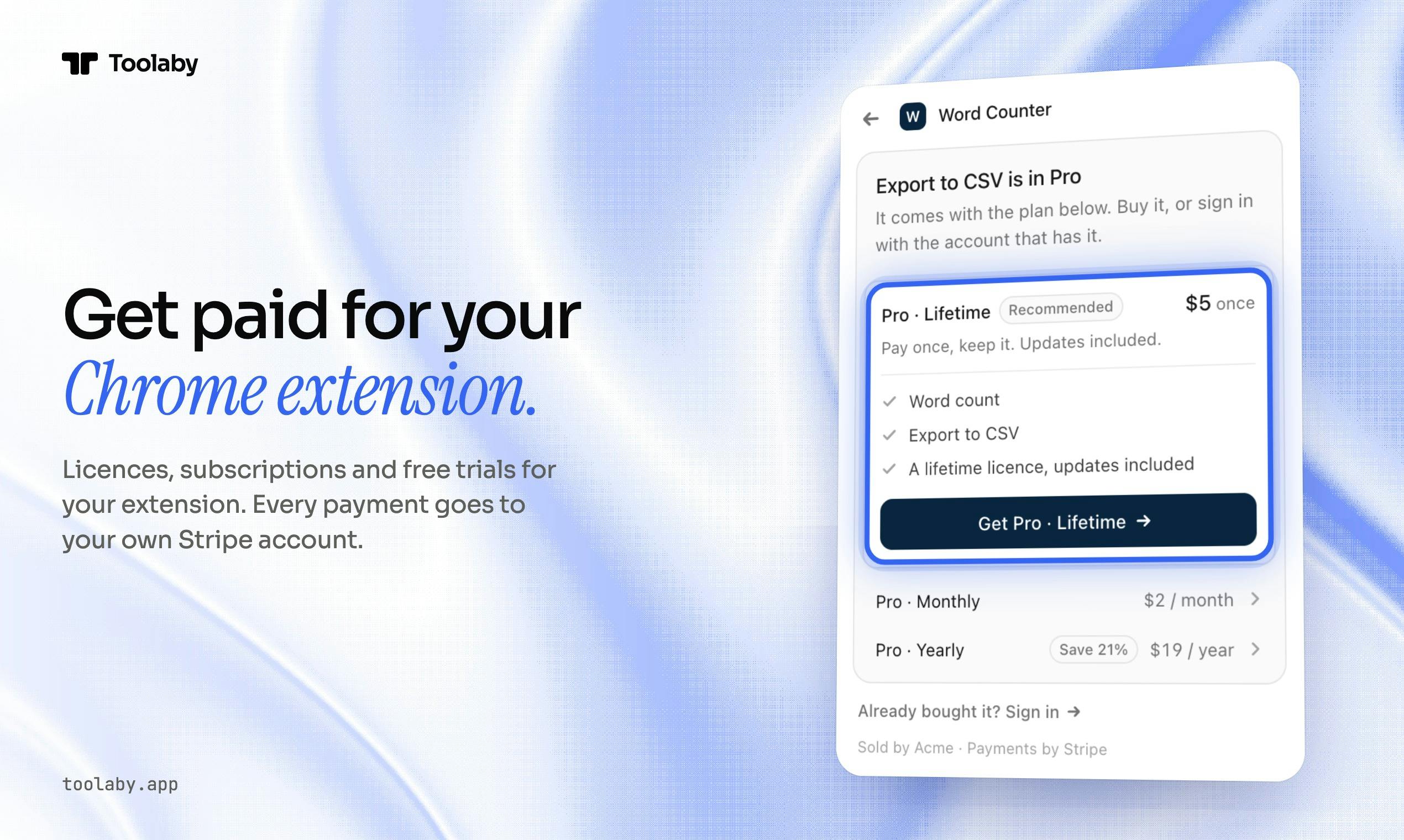 Toolaby: Add Subscription Payments to Your Chrome Extension in Two Lines of Code