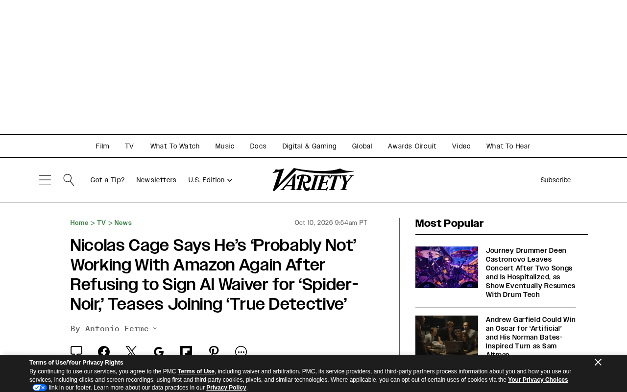 hackernews source: Nicolas Cage Refused to Sign Amazon AI Waiver: 'I'm Not an AI-Friendly Actor'