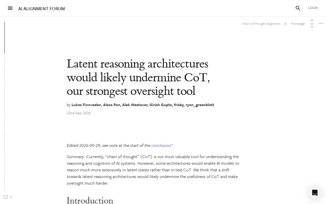 Latent Reasoning Architectures May Undermine CoT Transparency, Posing New Challenges for AI Oversight