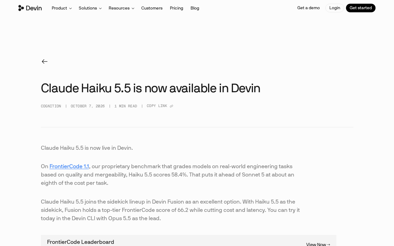 Claude Haiku 5.5 Launches on Devin: Outperforms Sonnet 5 at One-Eighth the Cost