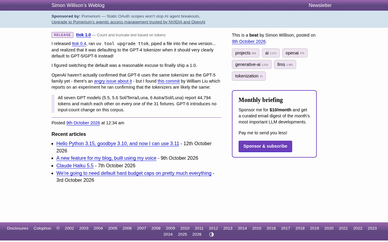 ttok 1.0 Released: Default Tokenizer Switches to GPT-5/GPT-6