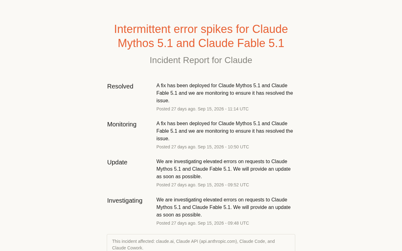 Claude Mythos 5.1 与 Fable 5.1 出现间歇性错误峰值