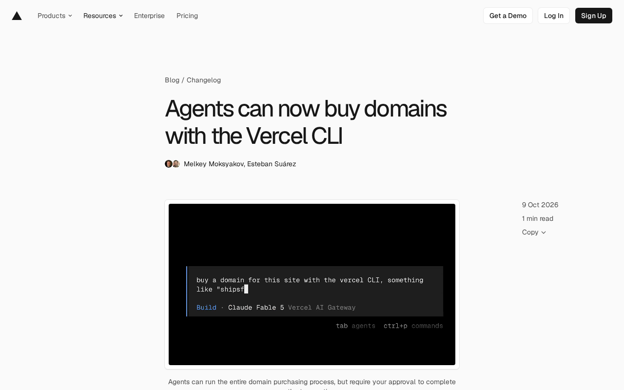 Vercel CLI 让 Agent 自主购买域名,但付款必须经你批准