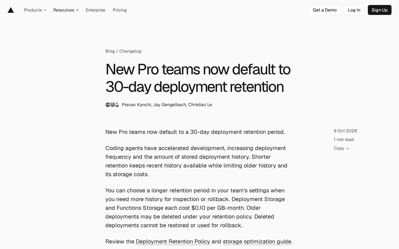 Pro Teams Default Deployment Retention Shortened to 30 Days: Balancing Storage Costs and Rollback Capability