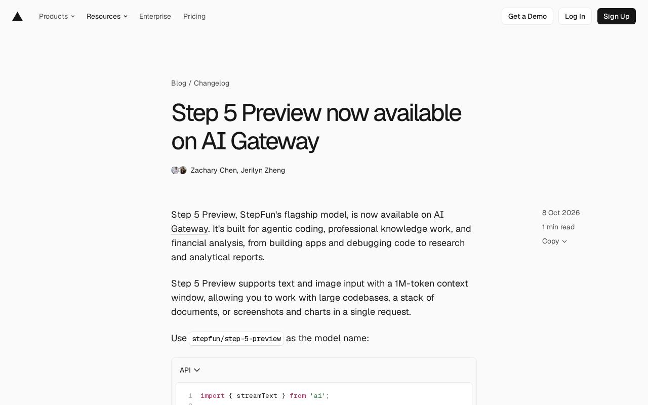 阶跃星辰Step 5 Preview上线AI Gateway,支持100万Token上下文