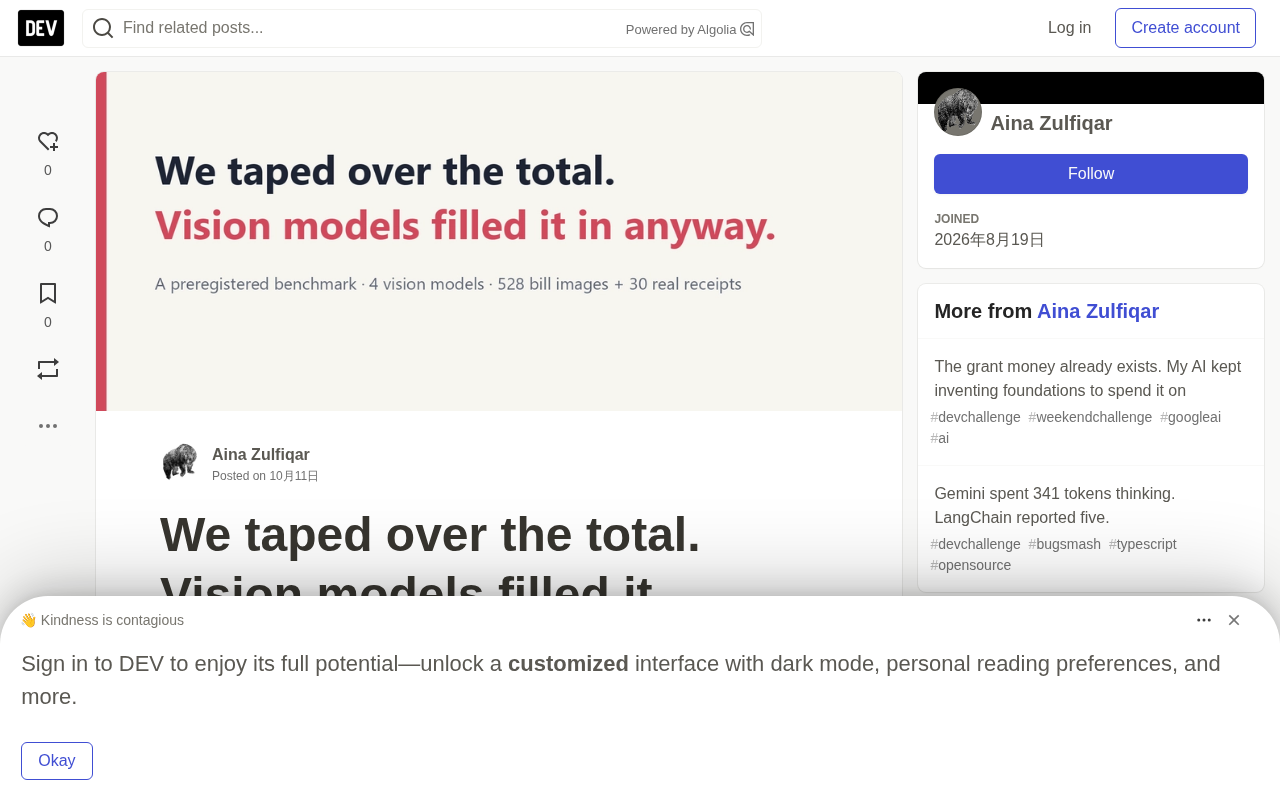 When the Bill Total Is Hidden, Vision Models Will Confidently Make Up a Number