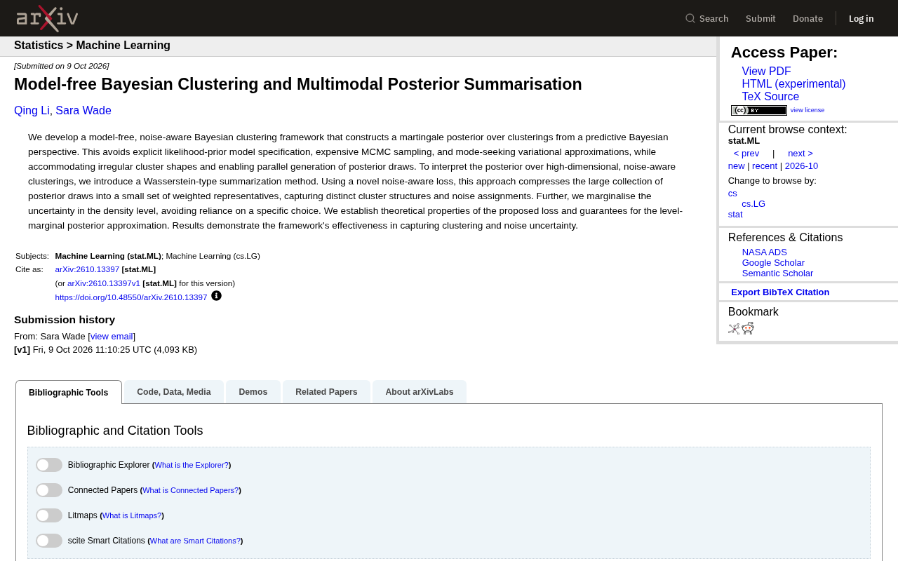 Model-free Bayesian Clustering and Multimodal Posterior Summarisation