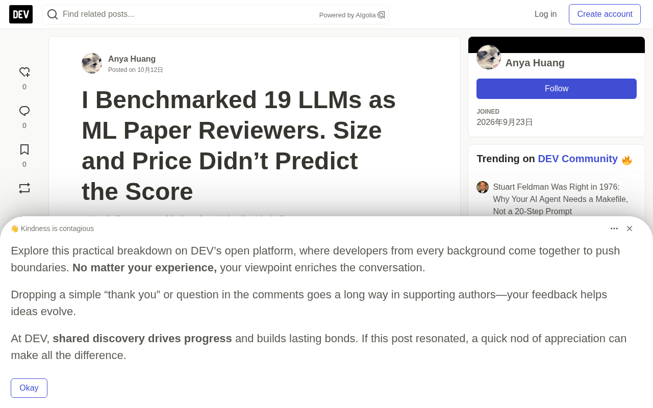 Benchmarking 19 LLMs as ML Paper Reviewers: Parameter Count and Price Don't Predict Performance