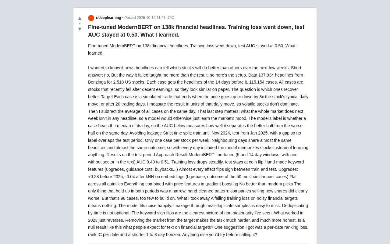 138k金融头条微调ModernBERT:训练loss降了,测试AUC仍为0.50