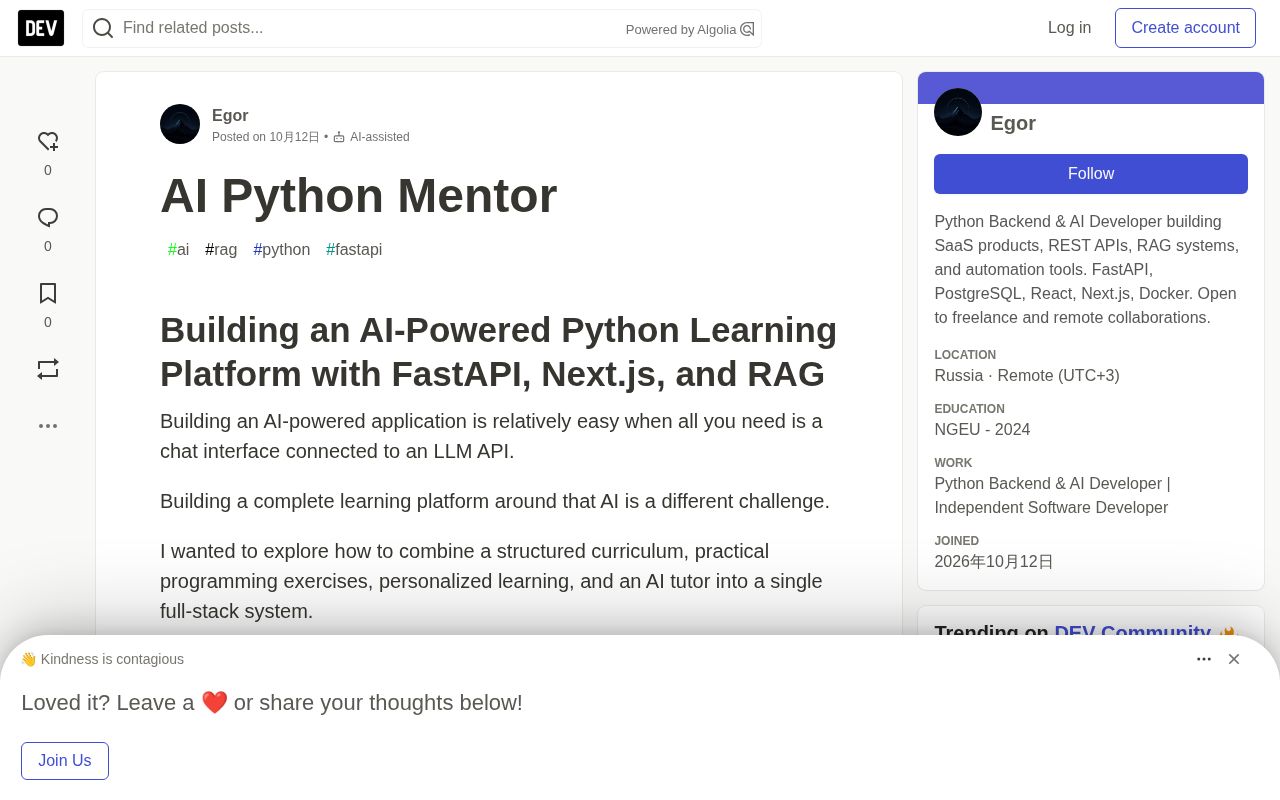AI Python Mentor: Building an AI Programming Learning Platform with FastAPI and RAG