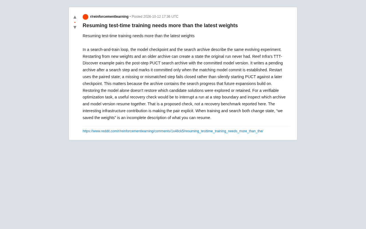 测试时训练恢复不止于权重:模型检查点与搜索档案的配对难题