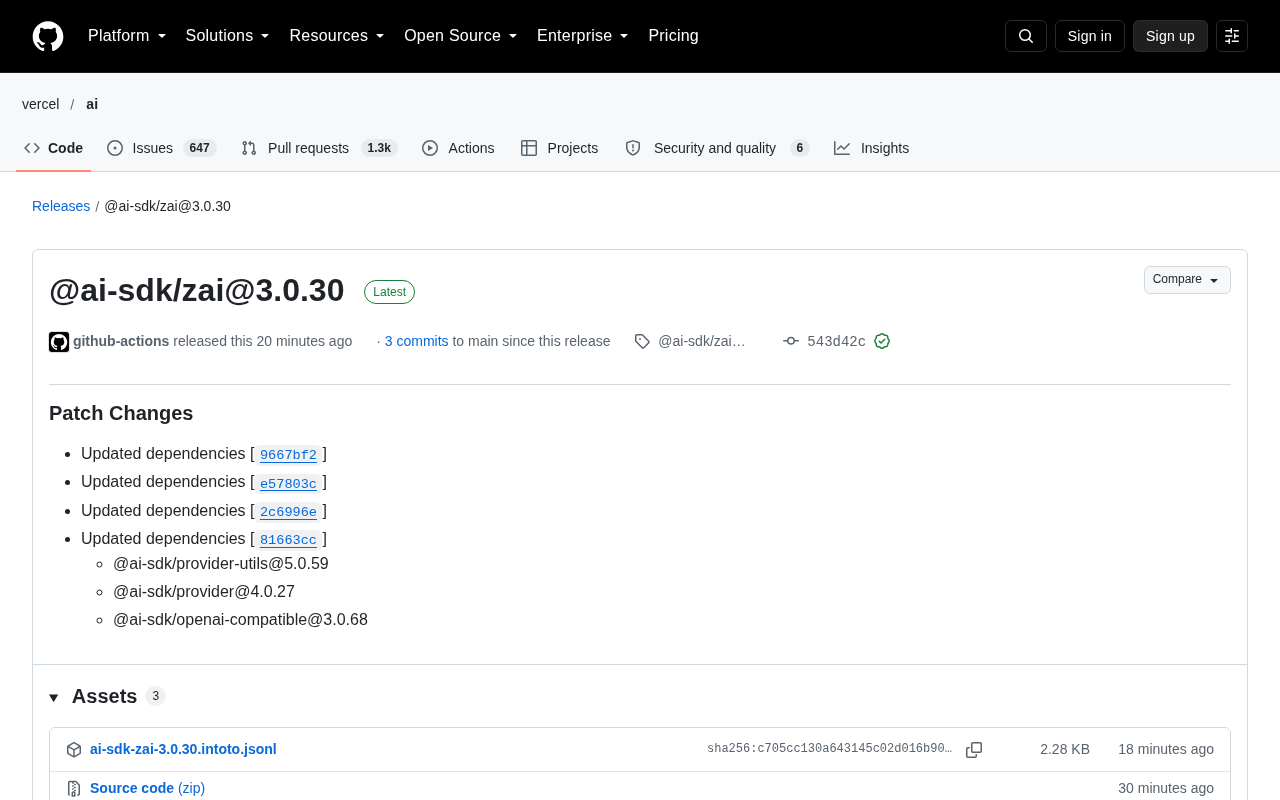 @ai-sdk/zai 3.0.30 更新:依赖链路Patch升级
