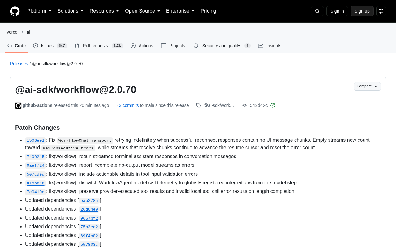 AI SDK Workflow 2.0.70 发布:修复流式重连与终端响应丢失问题