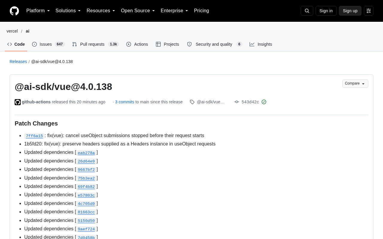 @ai-sdk/vue 4.0.138 发布:两大 useObject 修复