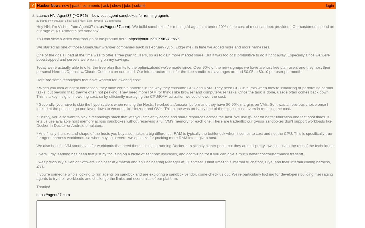 YC F26 Newcomer Agent37: Low-Cost Agent Sandboxes That Get Agents Running