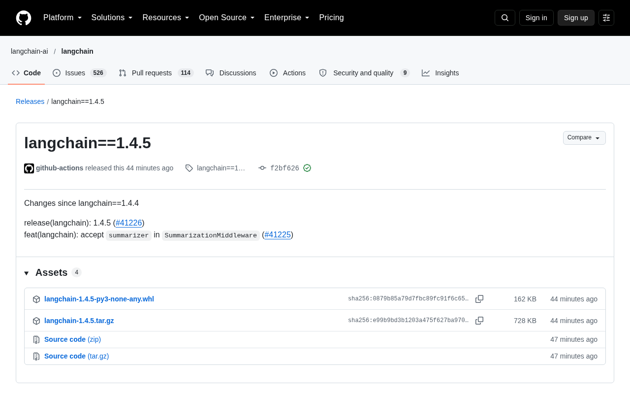 LangChain 1.4.5 发布:SummarizationMiddleware 支持自定义摘要器