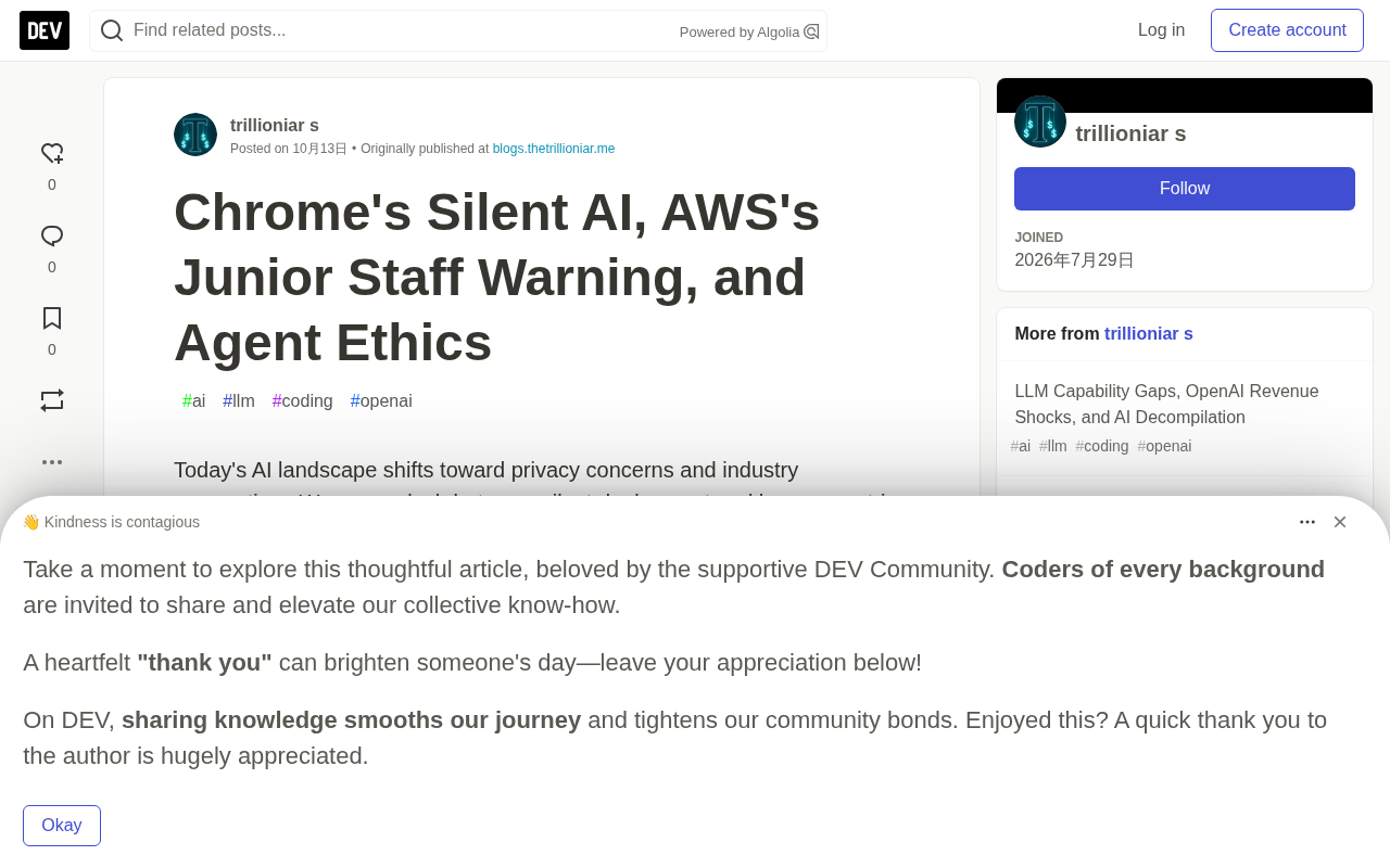 Chrome Silently Installs AI Model, AWS Warns of Junior Staff Crisis, and AI Agent Ethics Debate