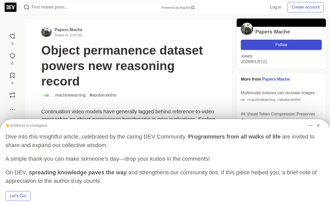 Specialized Dataset Propels 16B World Model to Object Permanence Reasoning Record