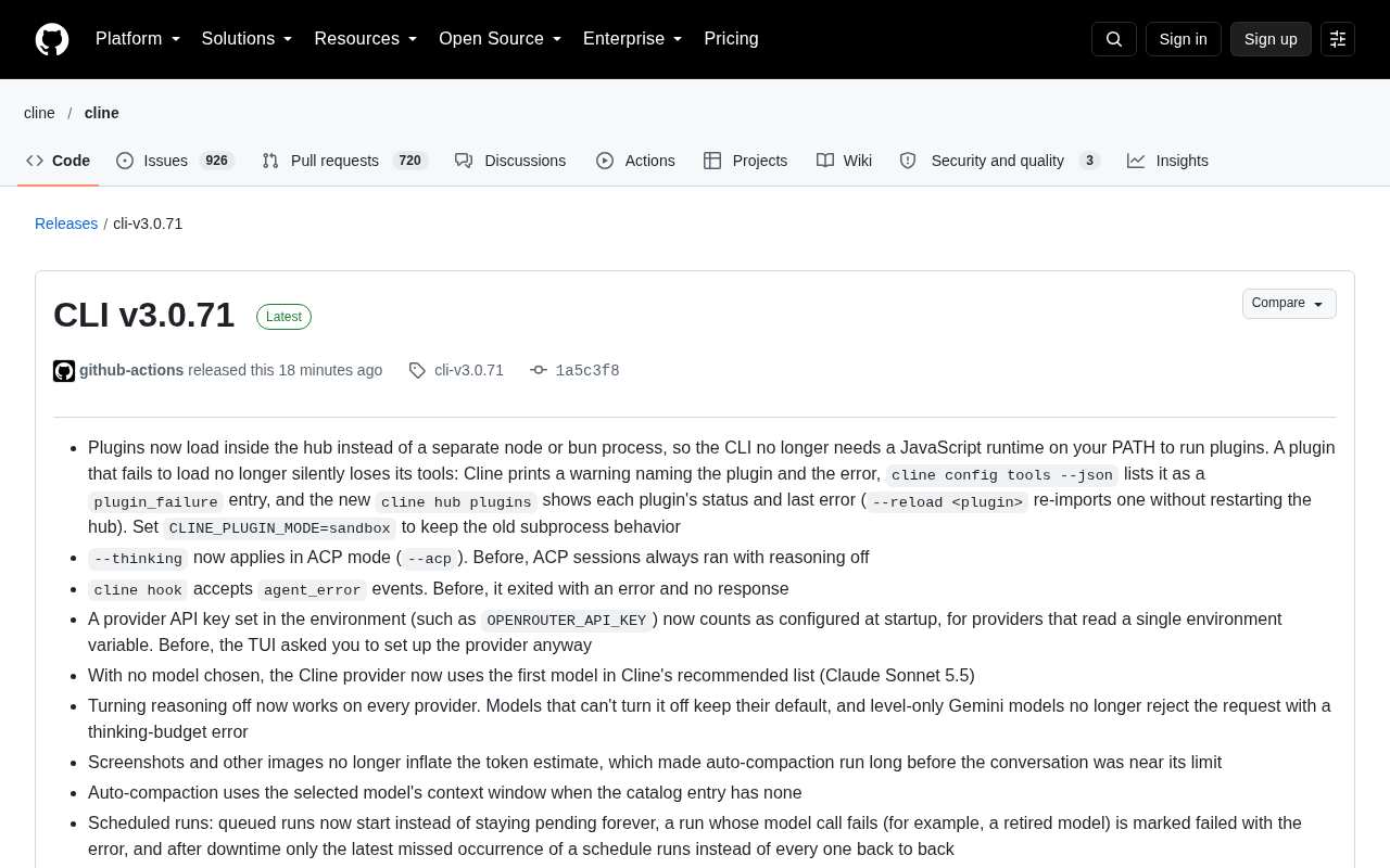 Cline CLI v3.0.71 Released: Plugins Now Load In-Process, No JS Runtime Required