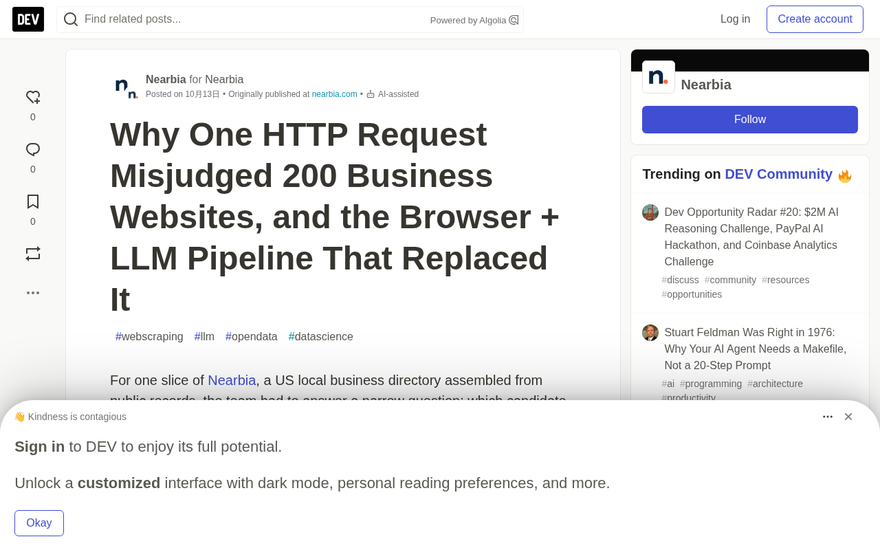 One HTTP Request Misjudged 200 Websites: How a Browser + LLM Pipeline Turned It Around