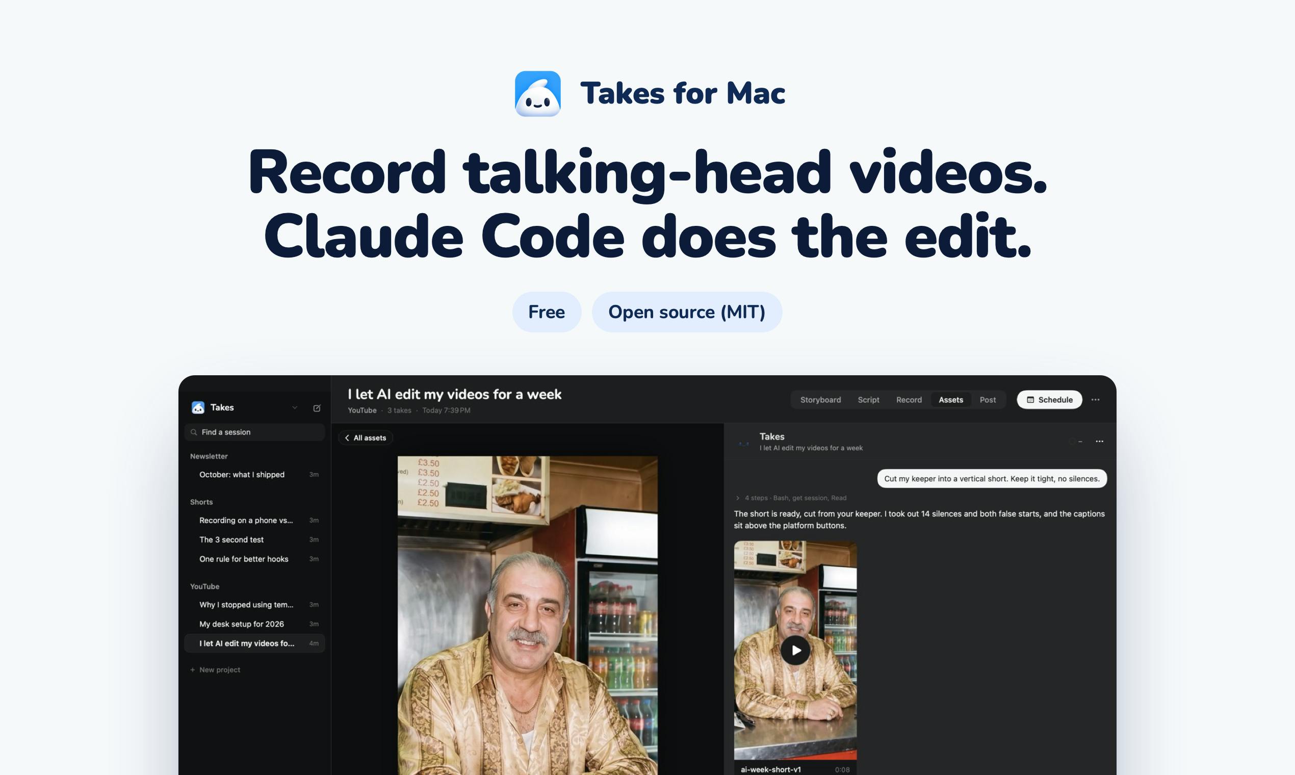 Takes for Mac:口播视频录制,Claude Code自动剪辑