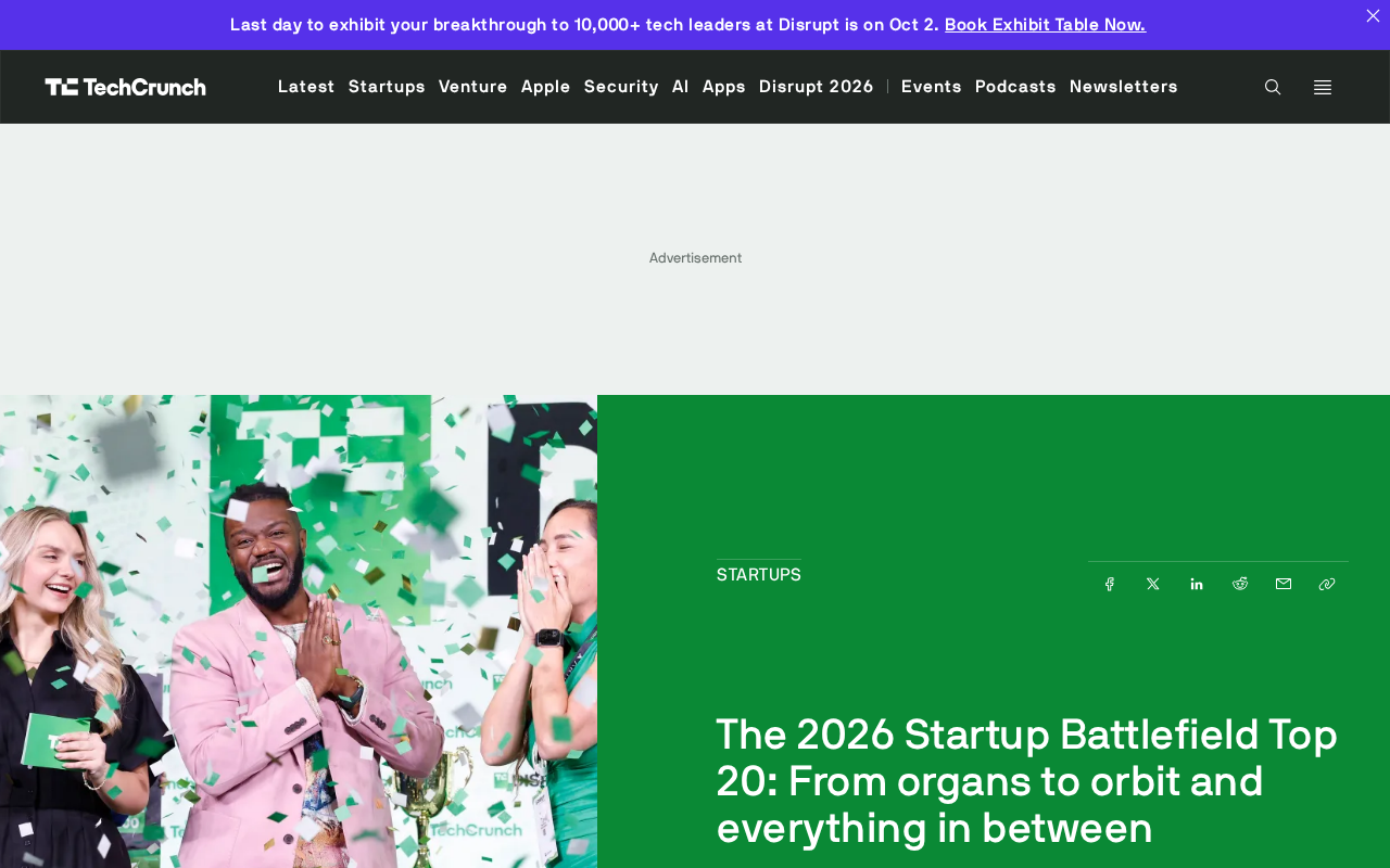 TechCrunch 2026创业竞技场Top 20出炉:从器官到轨道