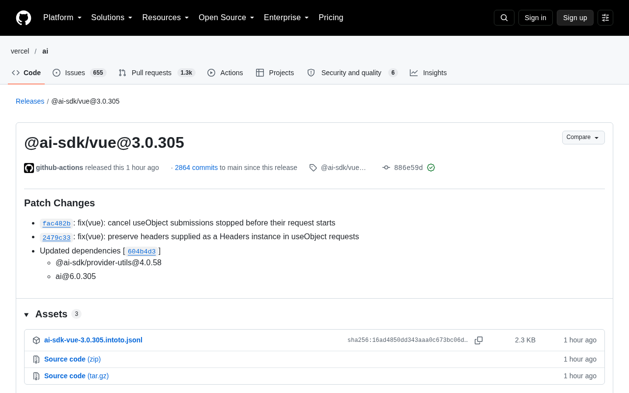 @ai-sdk/vue 3.0.305 发布:修复 useObject 两个关键问题