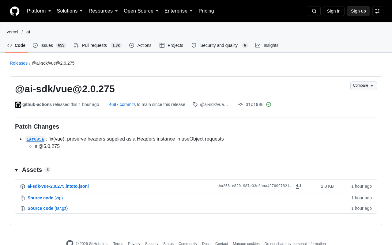 AI SDK Vue 2.0.275 Fixes useObject Request Header Loss Issue