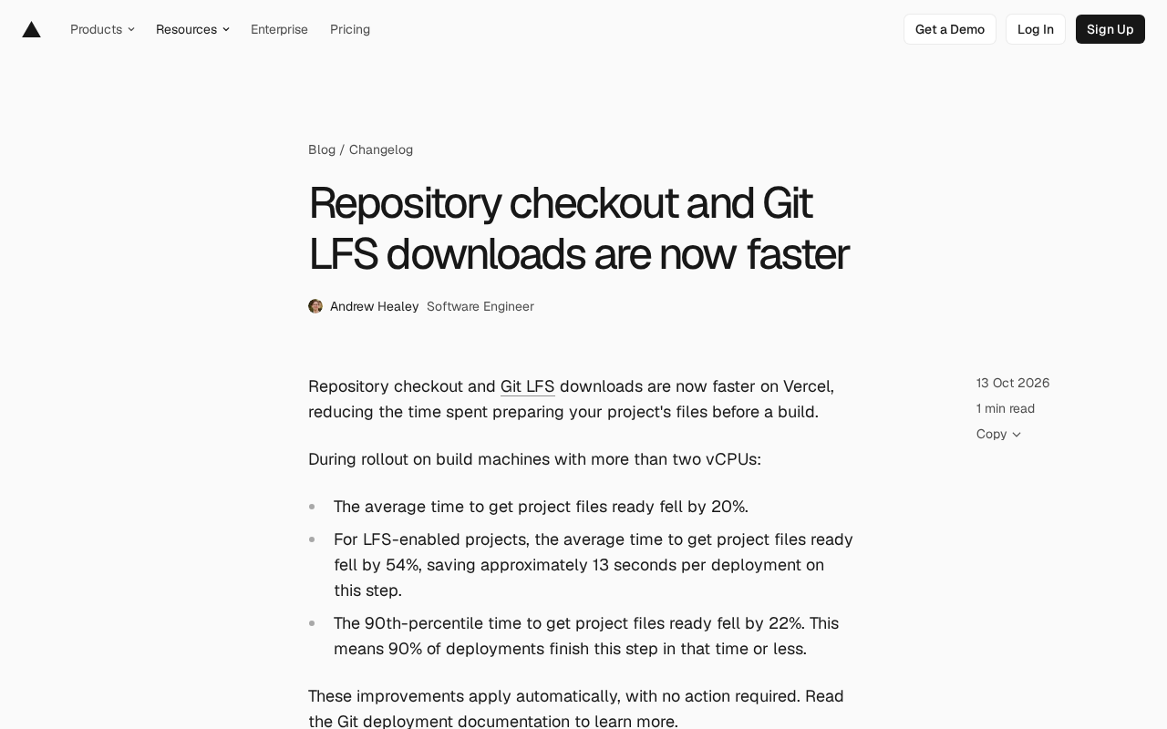 Vercel Optimizes Repository Checkout and Git LFS Downloads, Speeding Up Build Preparation by 54%