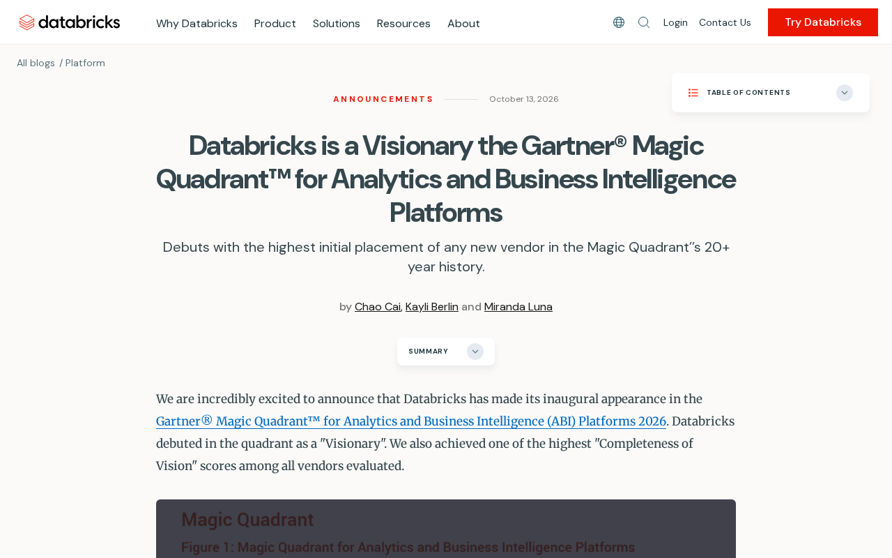 Databricks Named a Visionary in the Gartner Magic Quadrant for Analytics and BI Platforms for the First Time