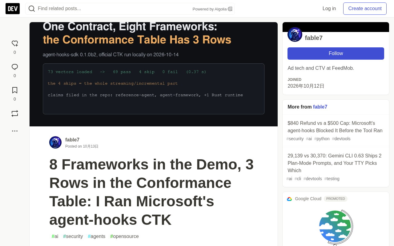 Microsoft agent-hooks CTK Tested: 8 Frameworks in the Demo, 3 Rows in the Compliance Table