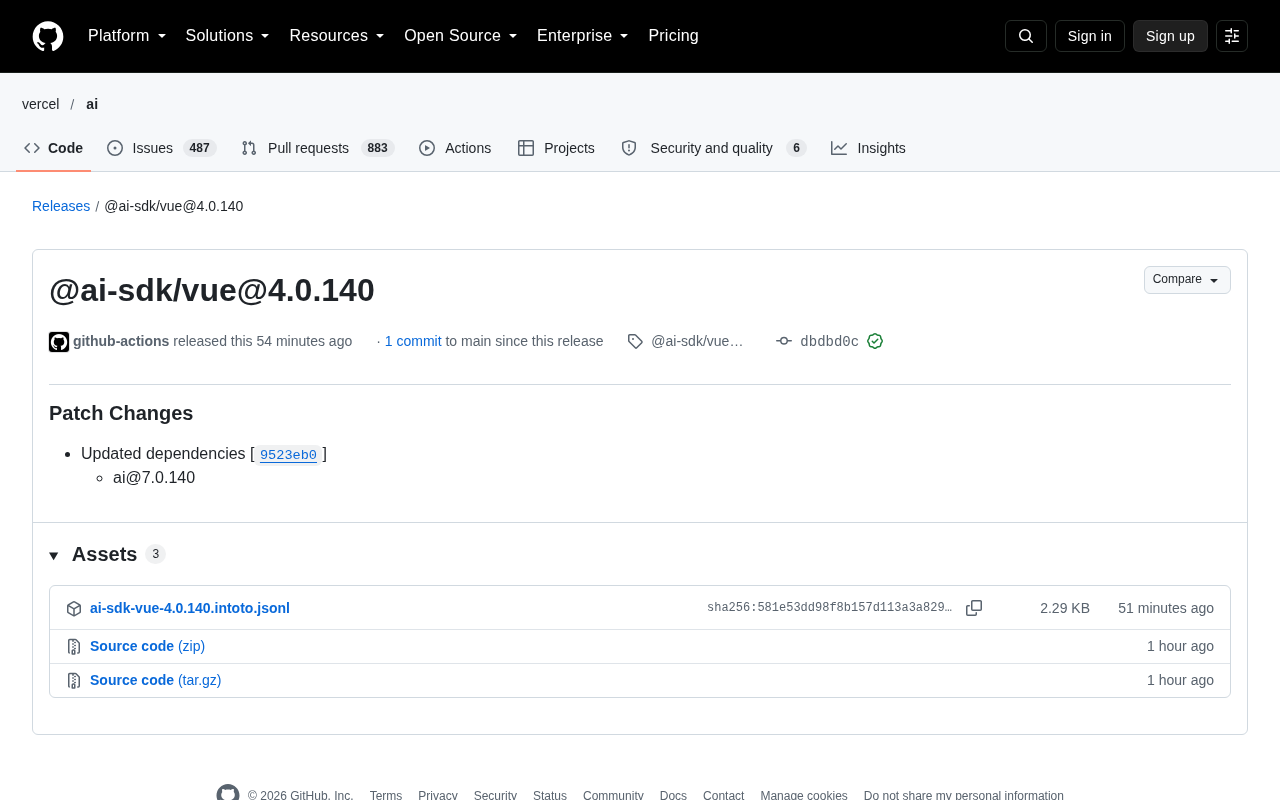 AI SDK Vue 4.0.140 发布:依赖同步升级至 ai@7.0.140