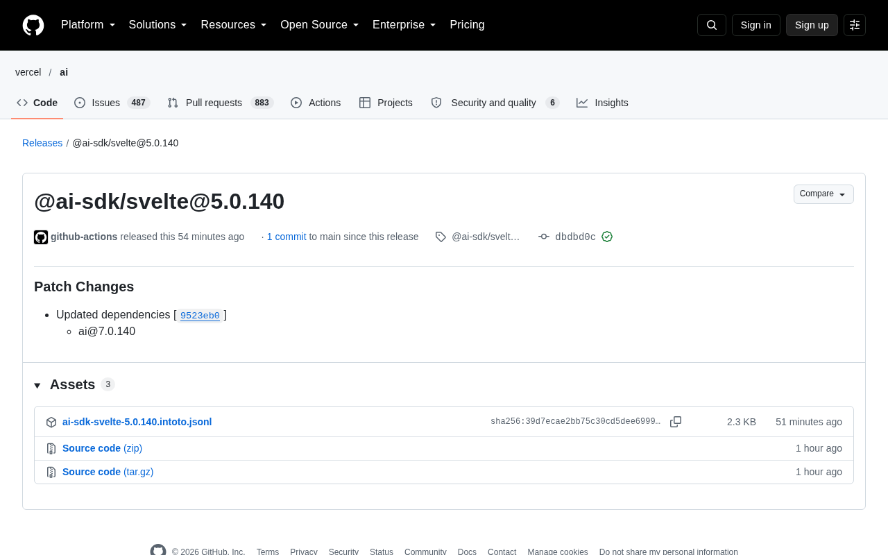 @ai-sdk/svelte 5.0.140 发布:依赖升级与生态意义