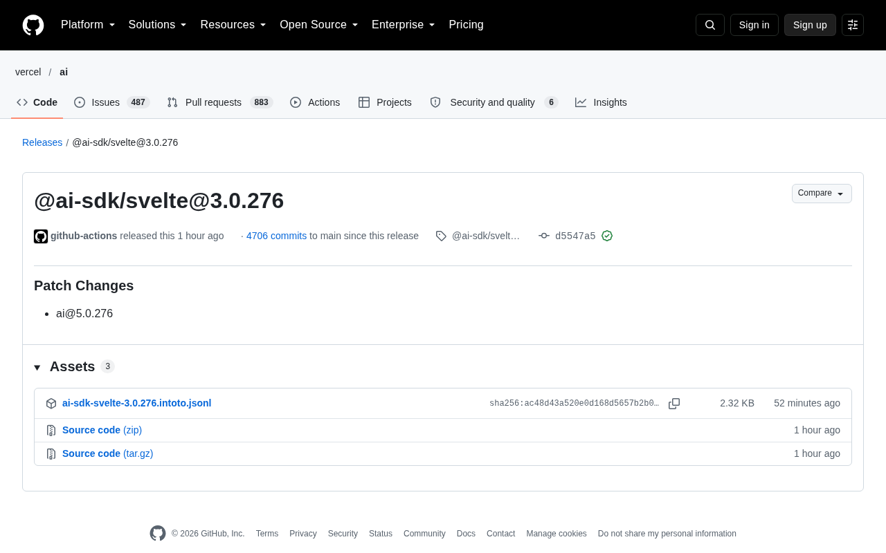 @ai-sdk/svelte 3.0.276 补丁发布:AI SDK 生态持续迭代