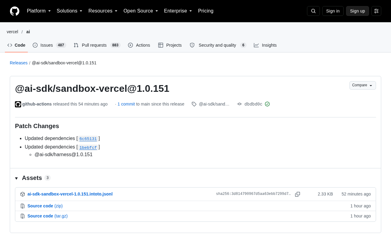 Vercel AI SDK Sandbox Package Releases Version 1.0.151 Update