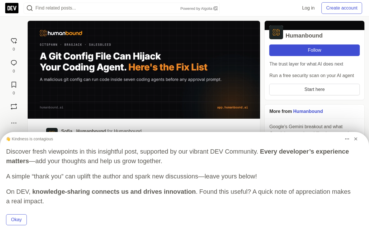 Git Config Hijacks Coding Agents: Three Vulnerabilities and a Hardening Checklist