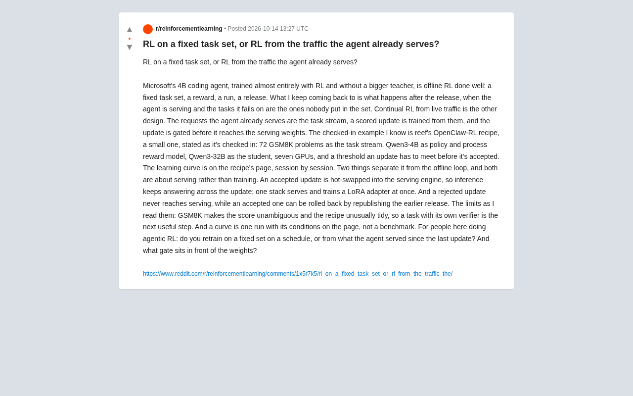 Fixed-Task-Set RL vs. Continuous Online-Traffic RL: The Battle Over Agent Training Approaches
