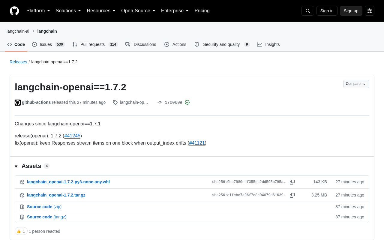 LangChain OpenAI 1.7.2 发布:修复流式输出块错位问题