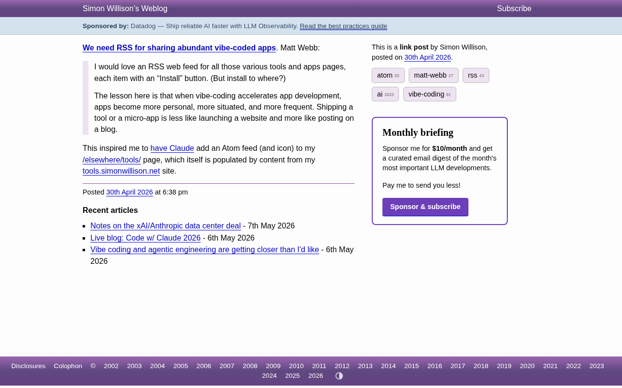 We need RSS for sharing abundant vibe-coded apps
