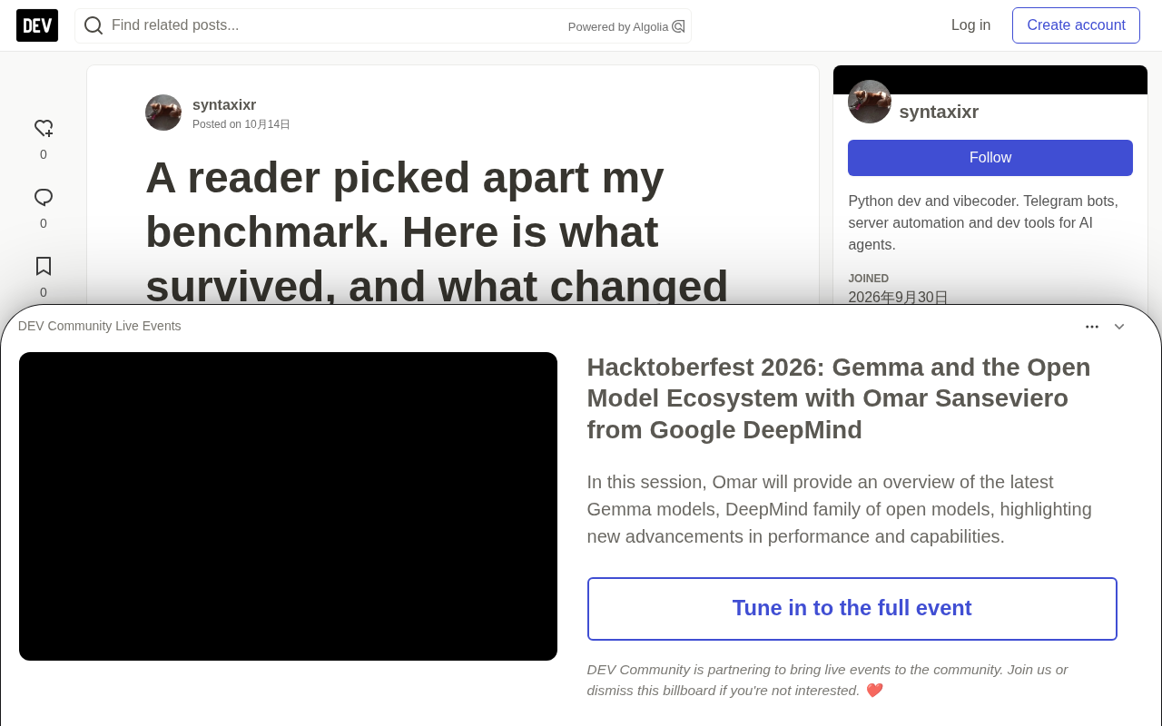 rss source: A reader picked apart my benchmark. Here is what survived, and what changed