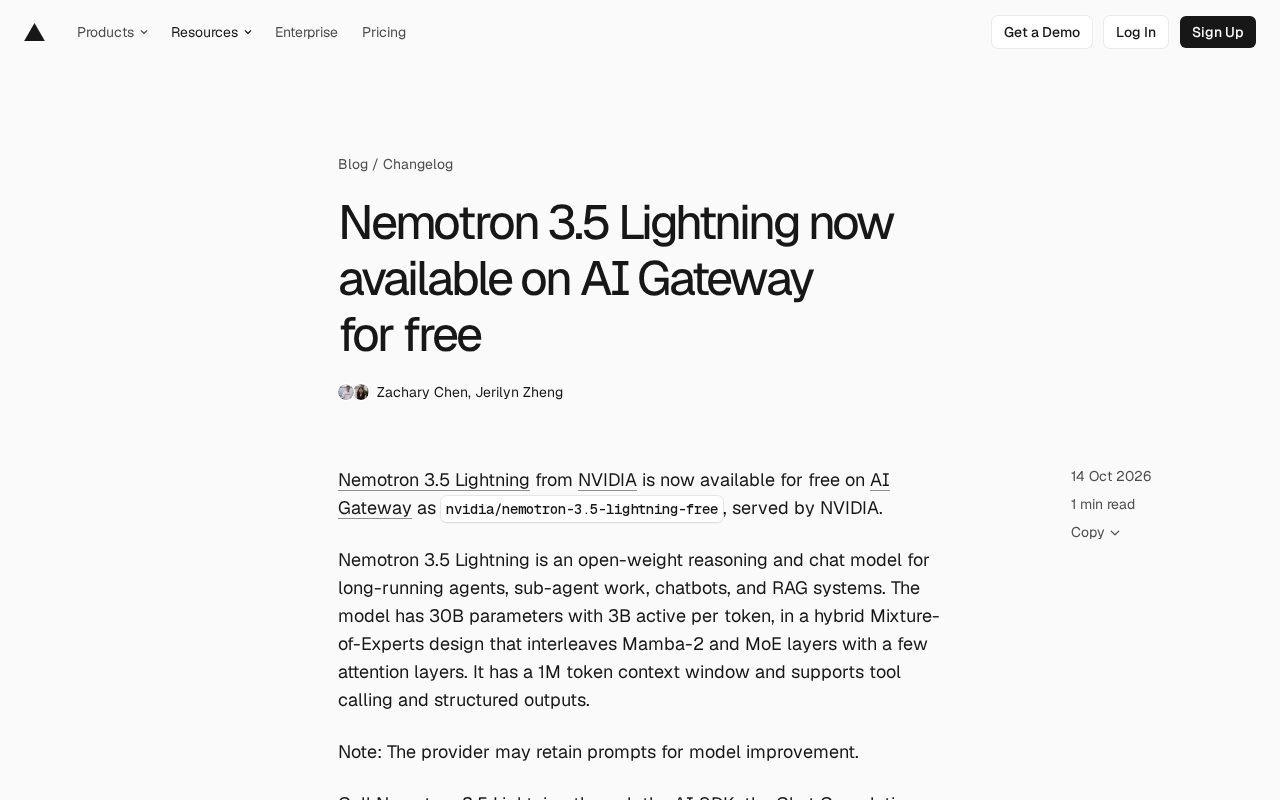 英伟达Nemotron 3.5 Lightning免费上线AI Gateway