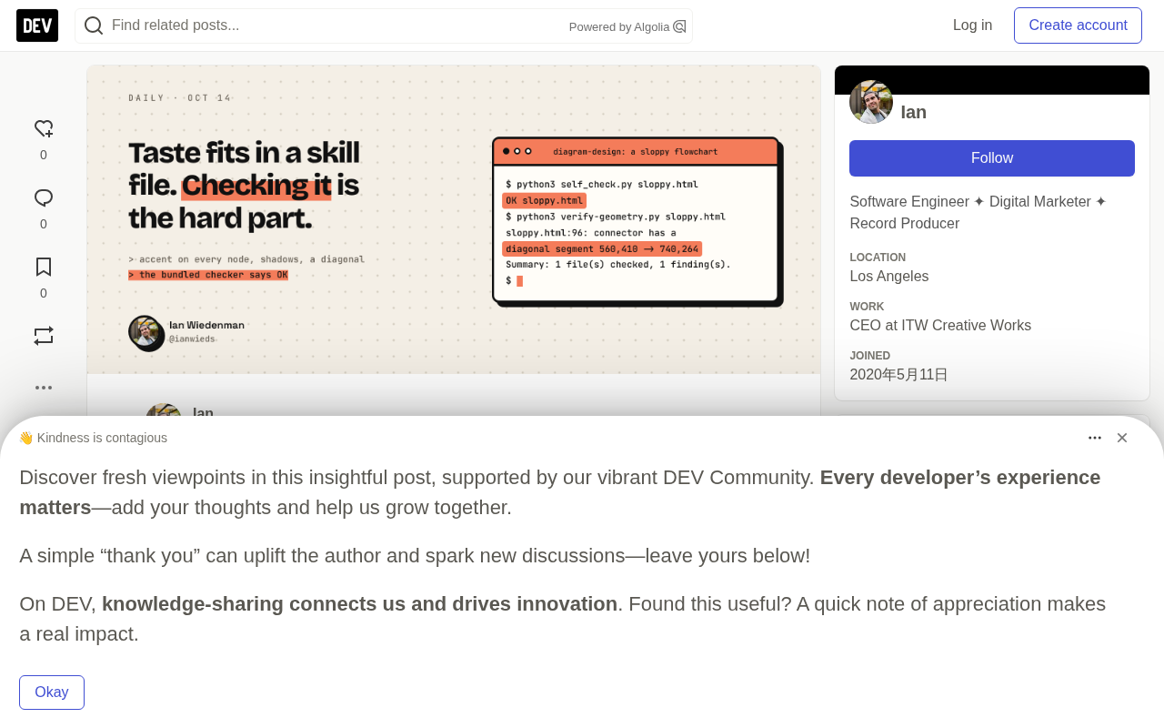 Design Taste Can Be Written Into a Skill File, But Checking It Is the Hard Part
