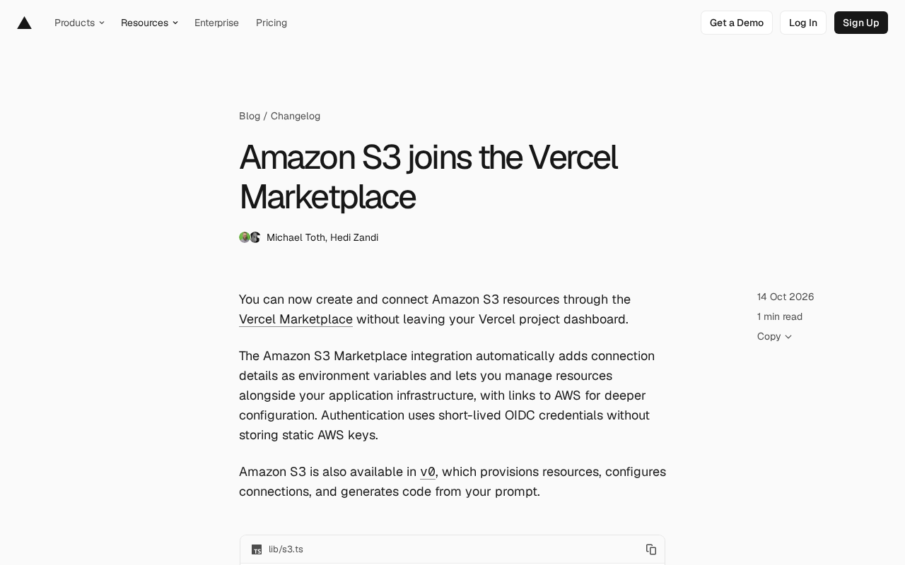 Amazon S3 正式登陆 Vercel Marketplace