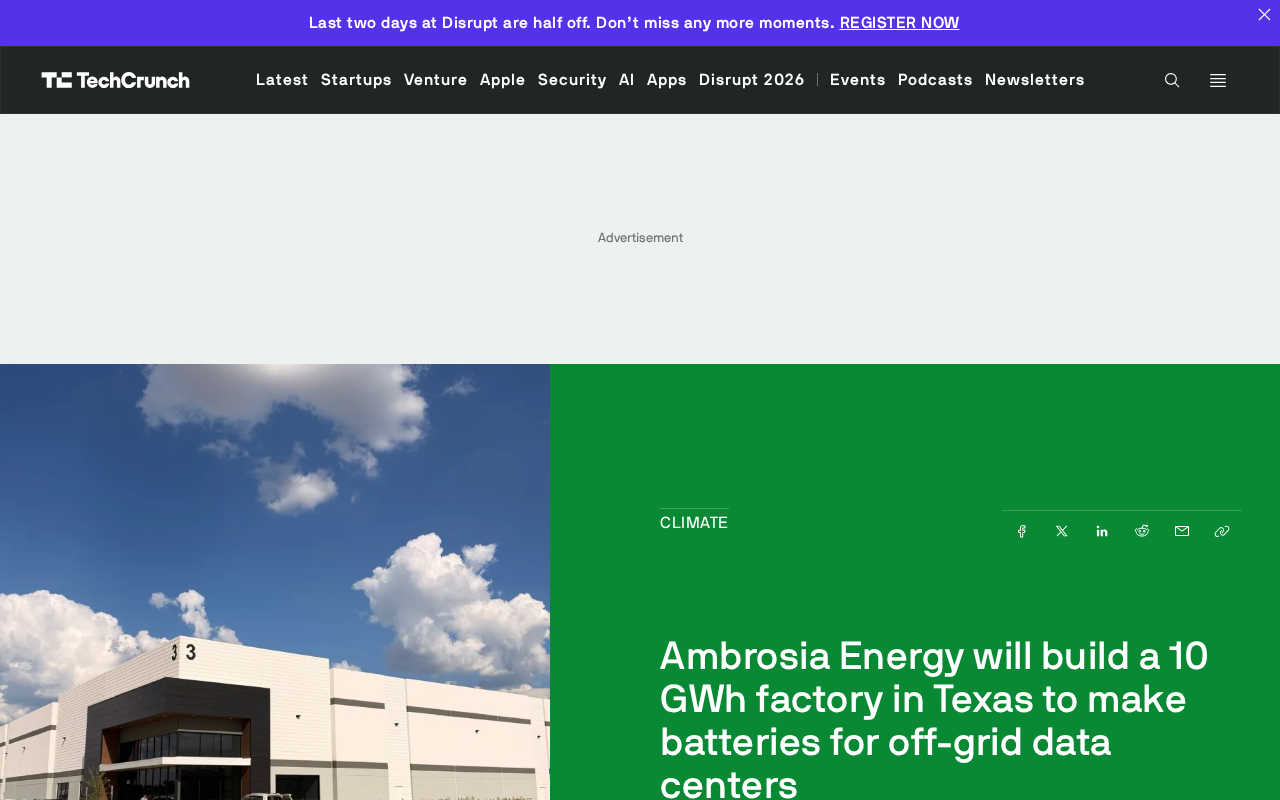 Ambrosia Energy将在德州建10 GWh电池工厂,为离网数据中心供能