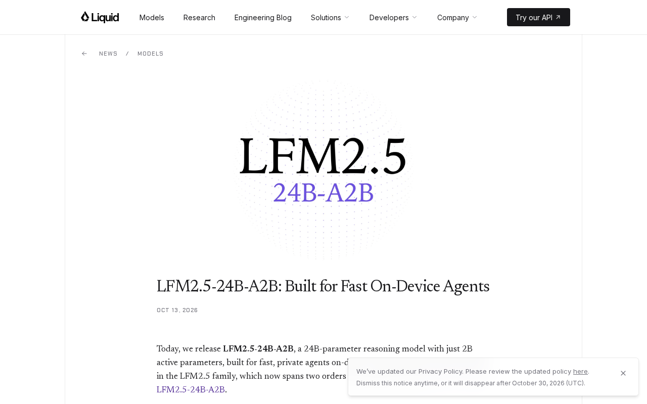 LFM2.5-24B-A2B: A Fast Model Built for On-Device Agents