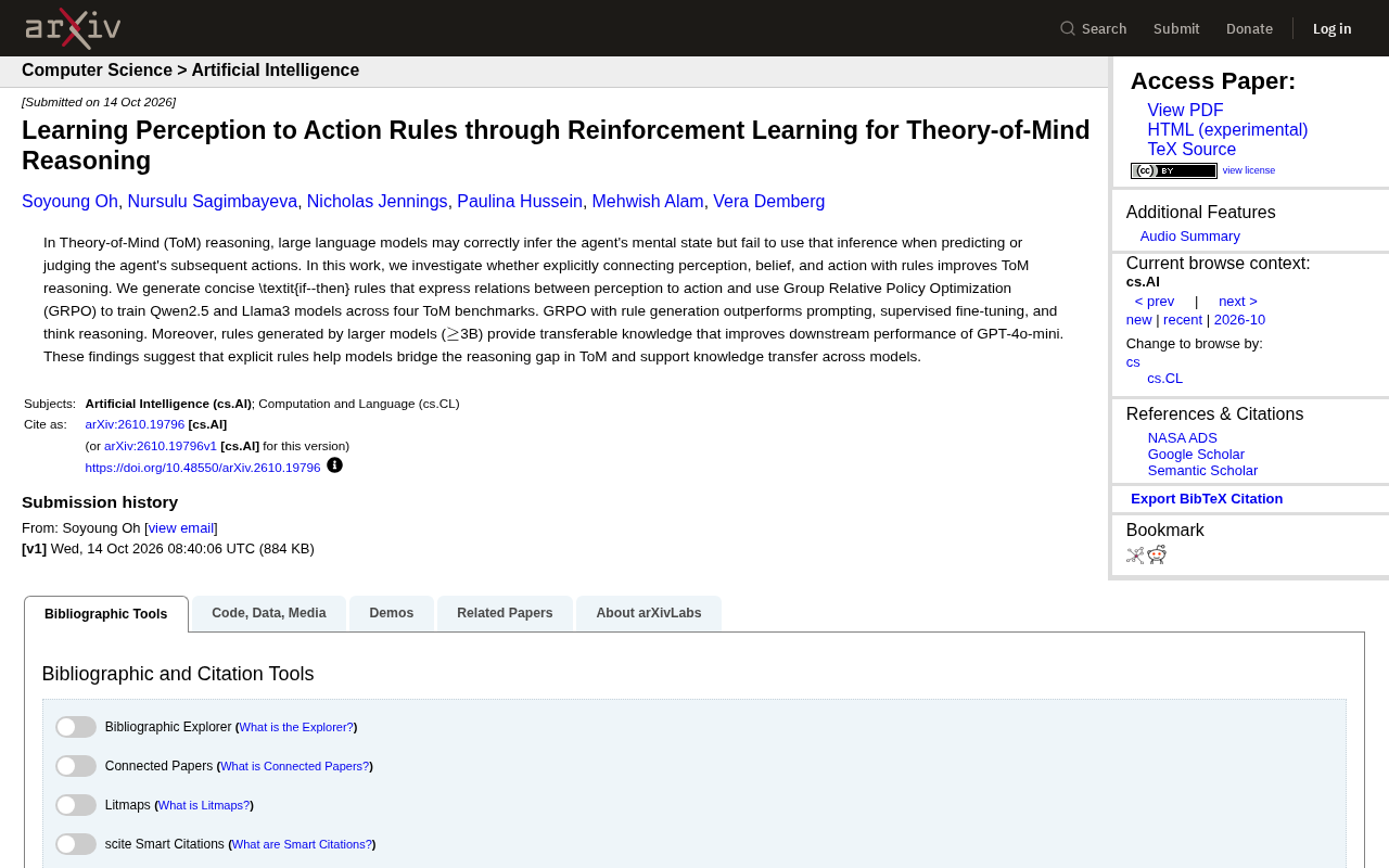 Reinforcement Learning Teaches LLMs Theory-of-Mind Reasoning: Rule Learning from Perception to Action