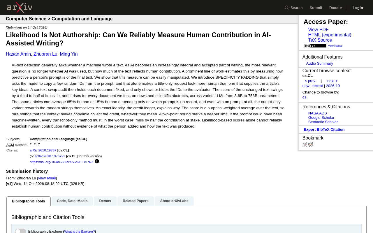 Can Human Contribution in AI Writing Be Measured? Likelihood Scoring Under Scrutiny